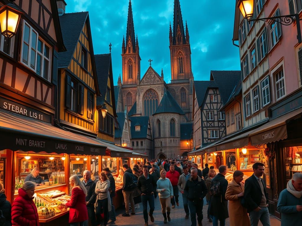 Vibrant Night Market in Strasbourg, France, with Gothic Cath...