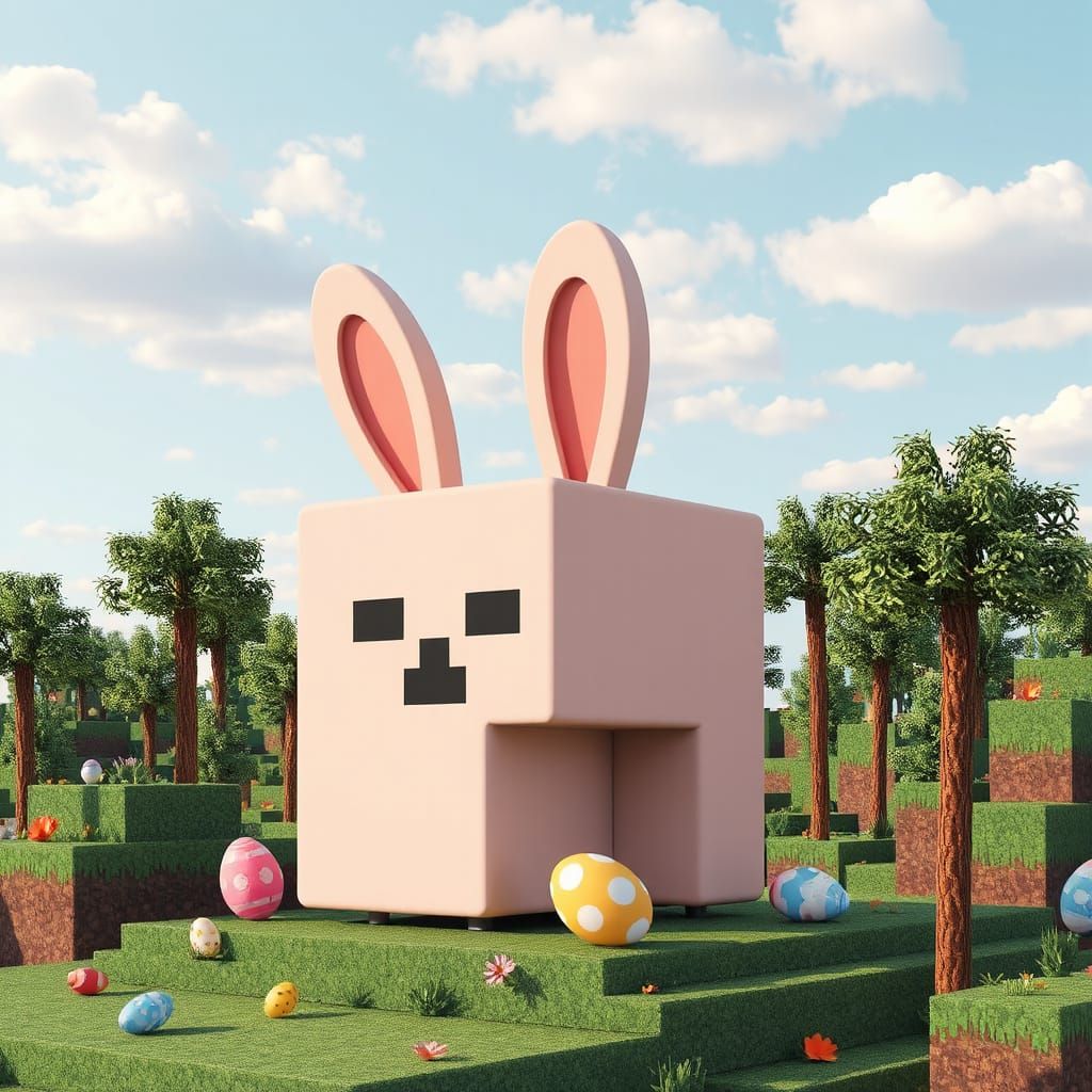 minecraft-inspired cube bunny and eggs