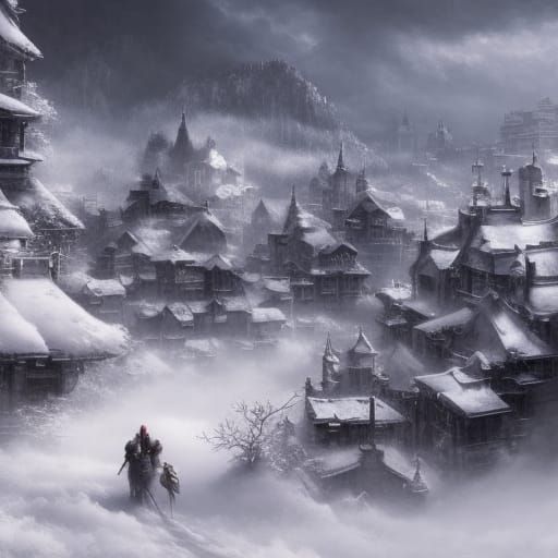 Snowy Mountain Village in Ethereal Style
