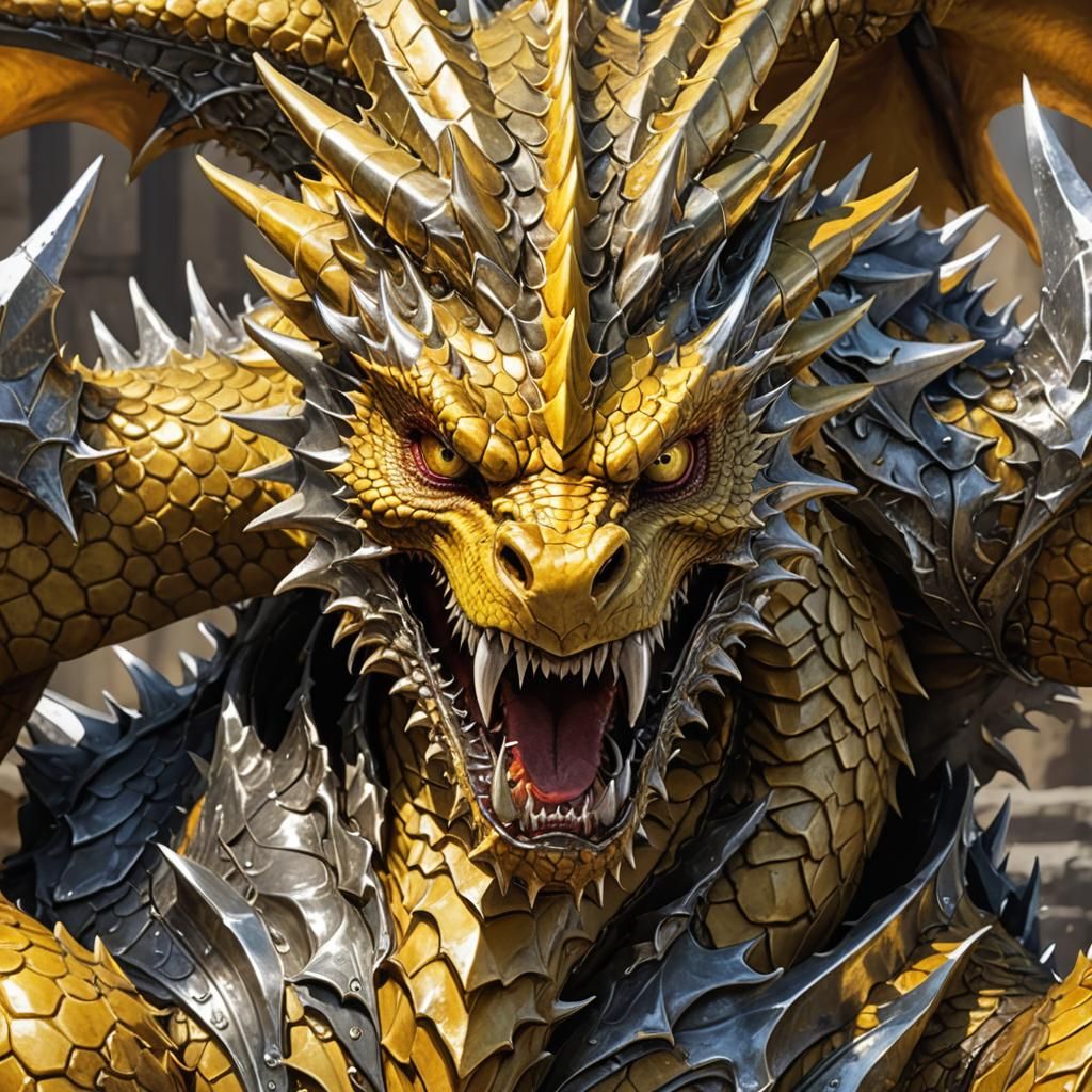 Photorealistic Yellow Dragon with Silver Spikes