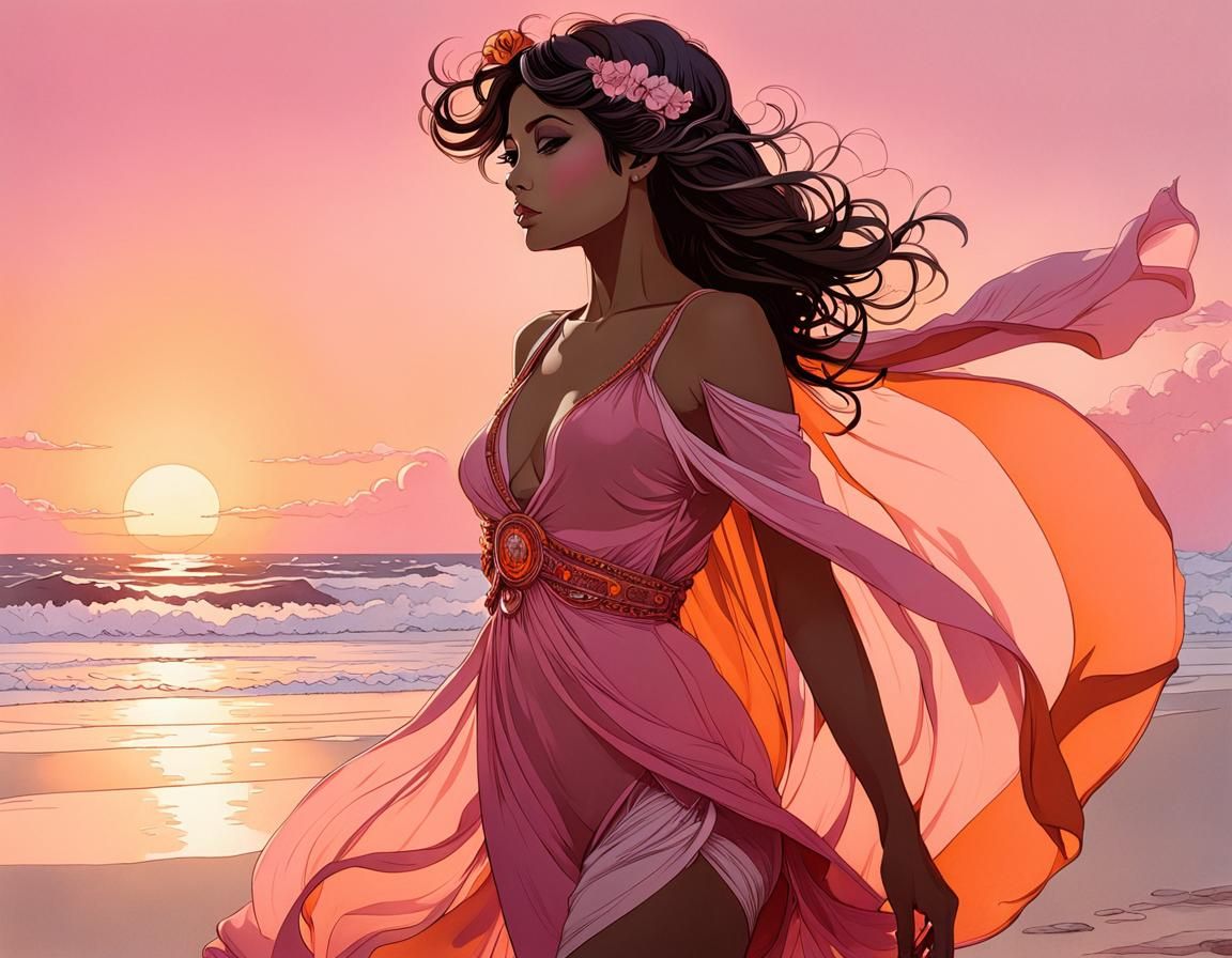 Pink and Orange Beach Dawn, Alphonse Mucha Style