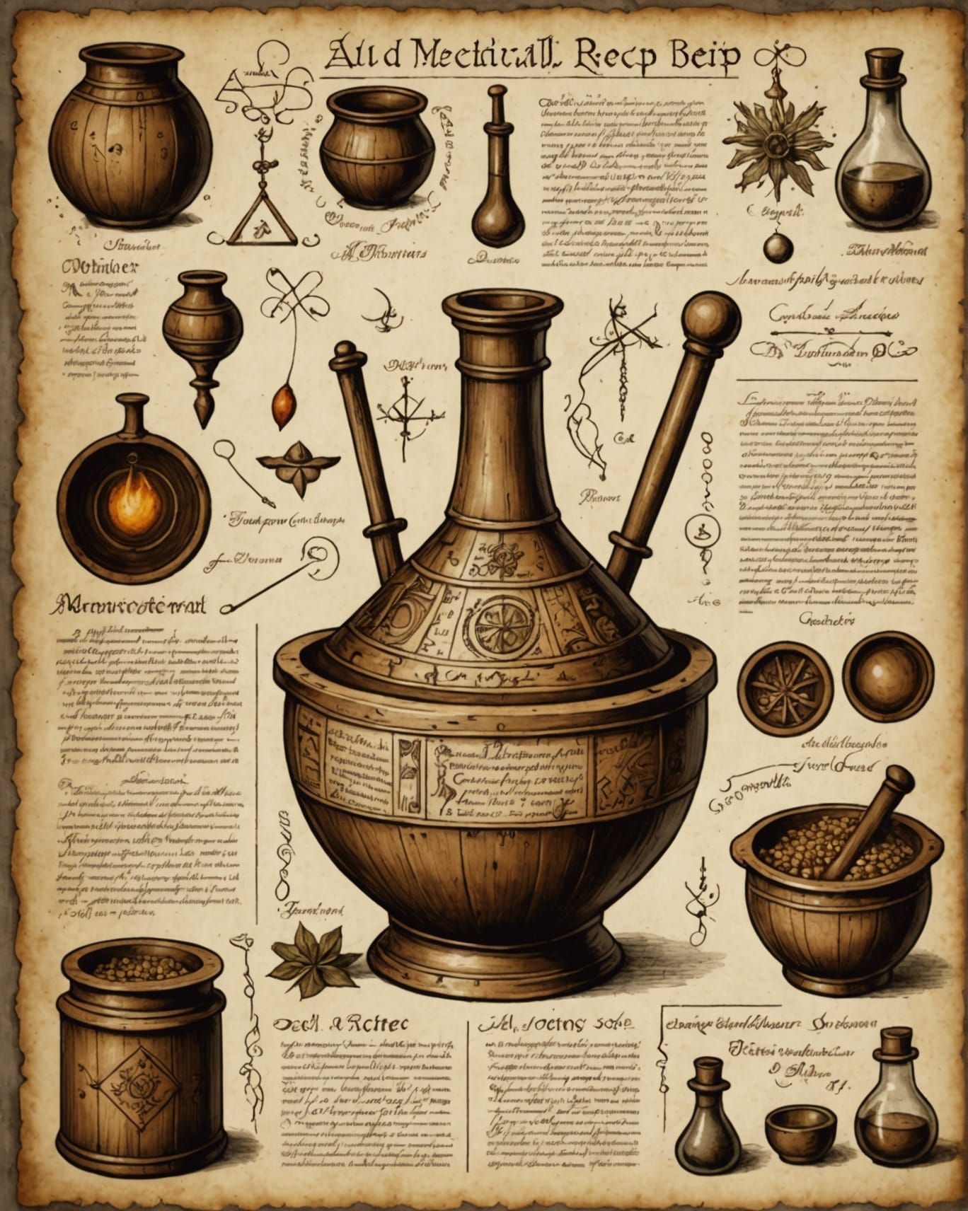 Detailed Medieval Alchemical Recipe Hand-Drawing