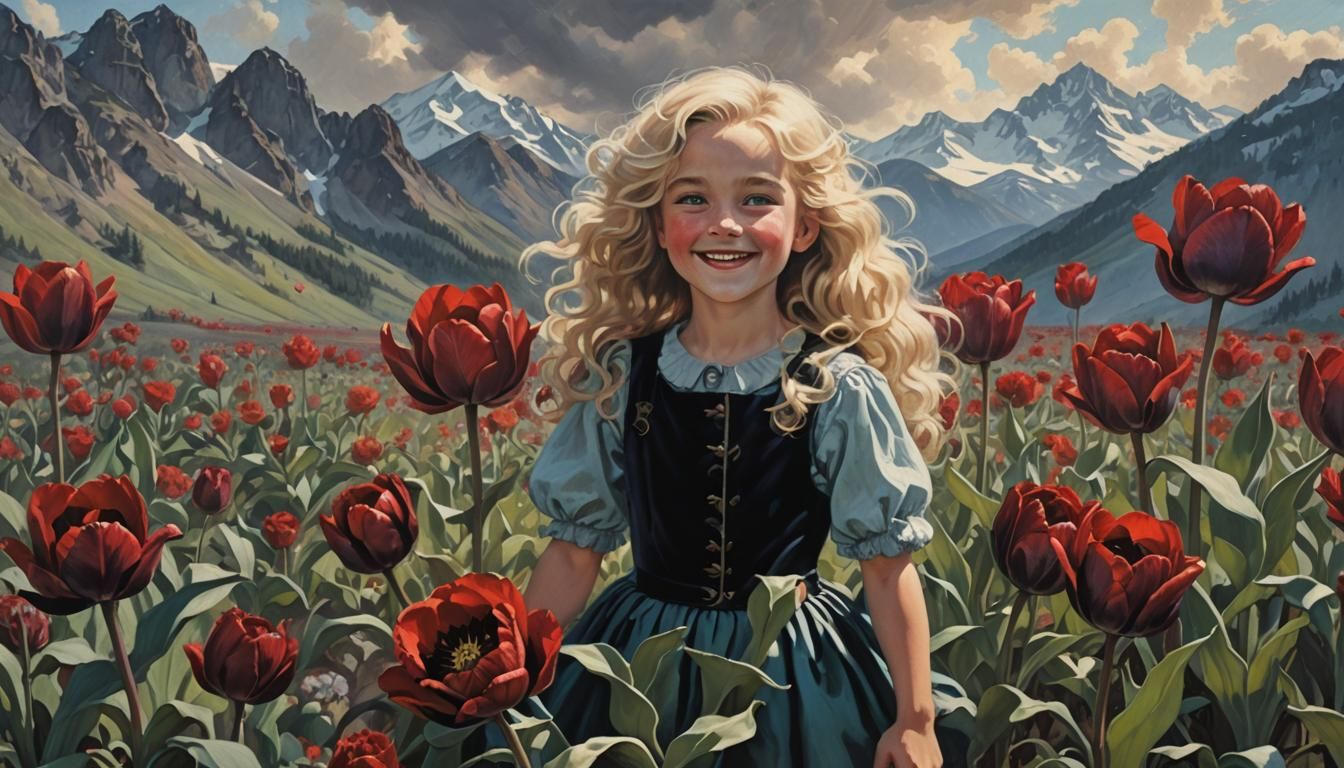 Happy Girl Collecting Black Tulips: Frazetta Pastel