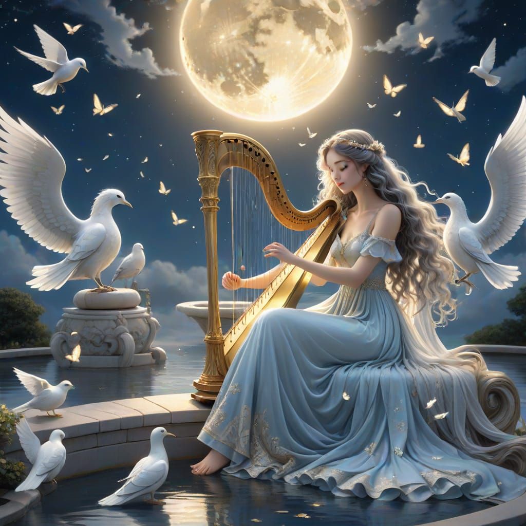 Crescent Moon Sonata with Harp: Hyperrealistic Anime Art