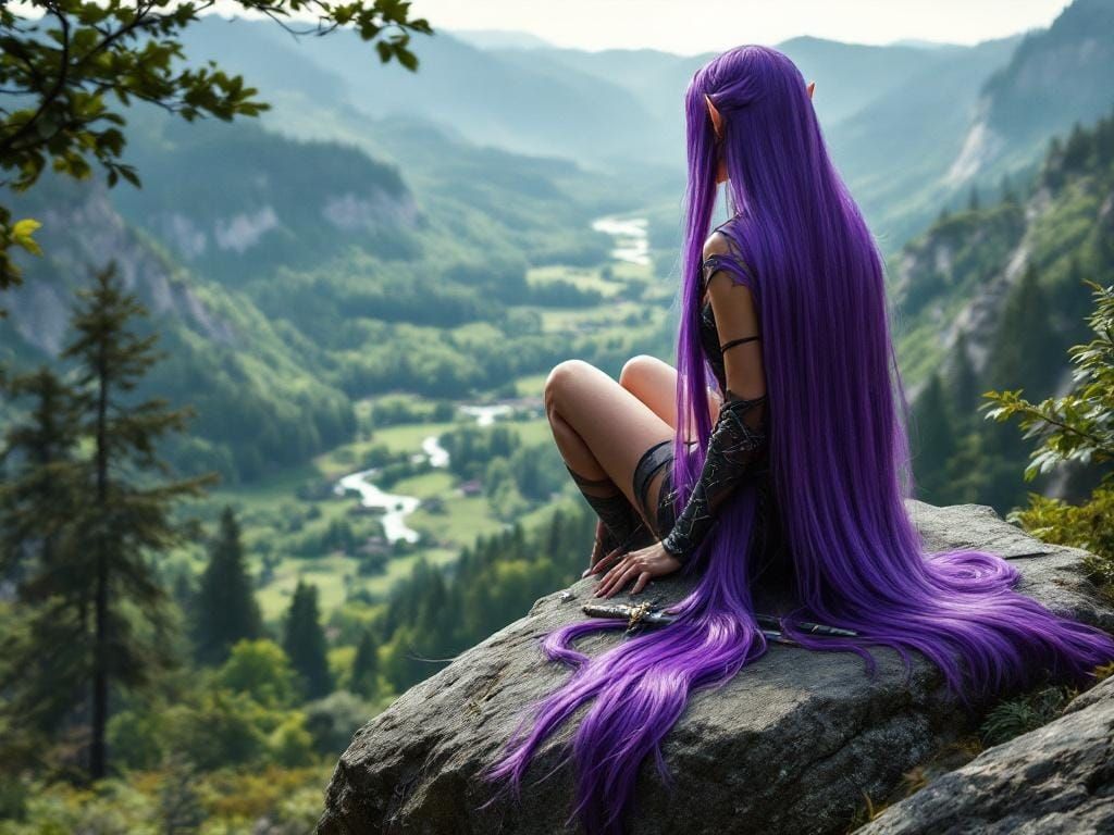 Elf with Purple Hair Overlooking Forest Valley