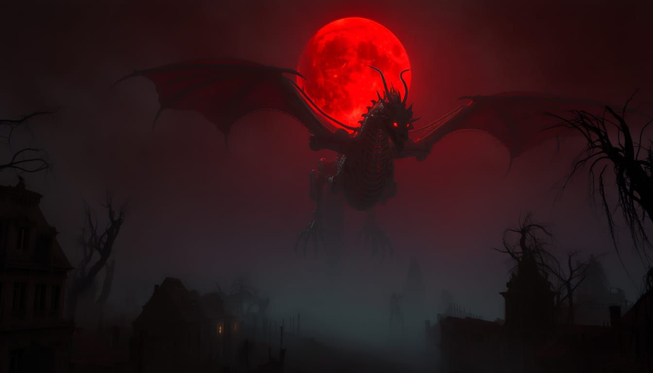 Bone Dragon Over Haunted Town Under Blood Moon