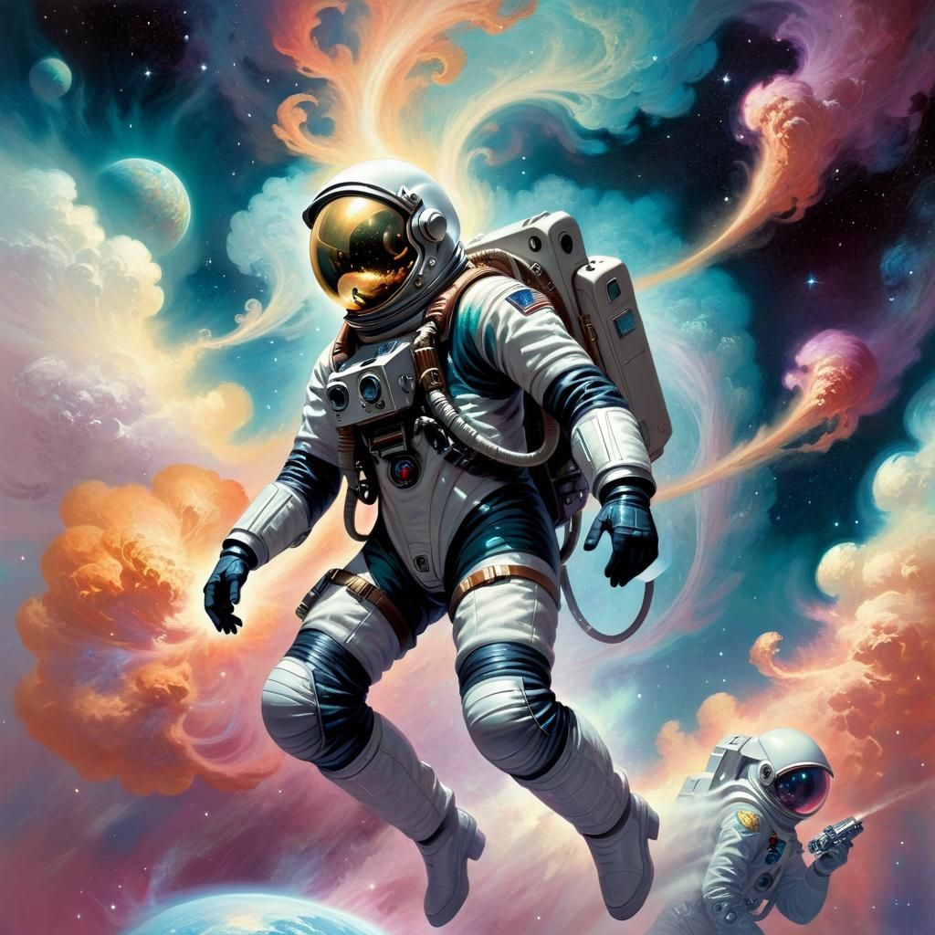 Futuristic Astronaut Explorer Among Swirling Nebulae