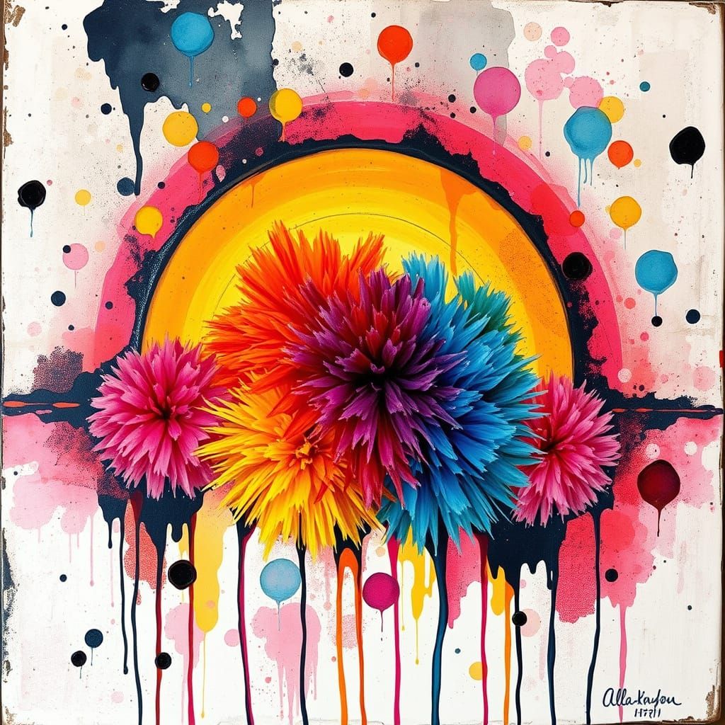 Abstract Sunset of Fuzzy Pom-Poms with Alcohol Ink