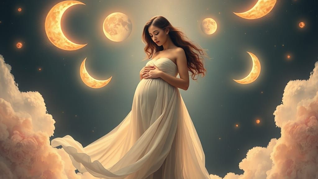 Pregnant Woman Embracing Moonlit Cycles in Whimsical Dreamli...