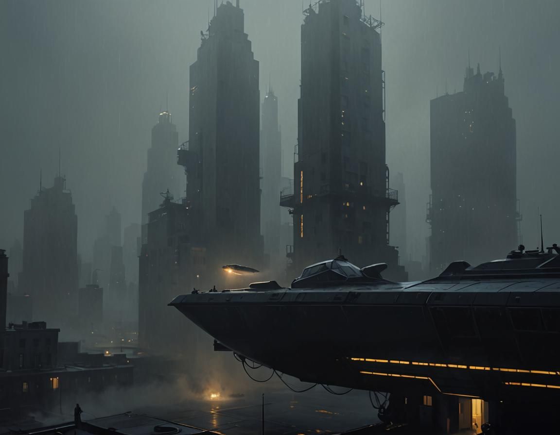 Advanced Hovercraft Landing in Noir Cyberpunk City