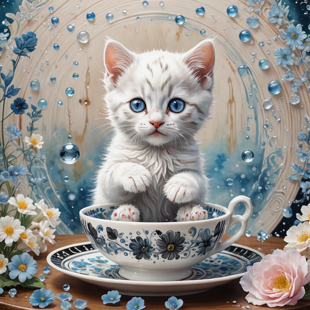 Kitten in Teacup: Dreamy Astral Illustration