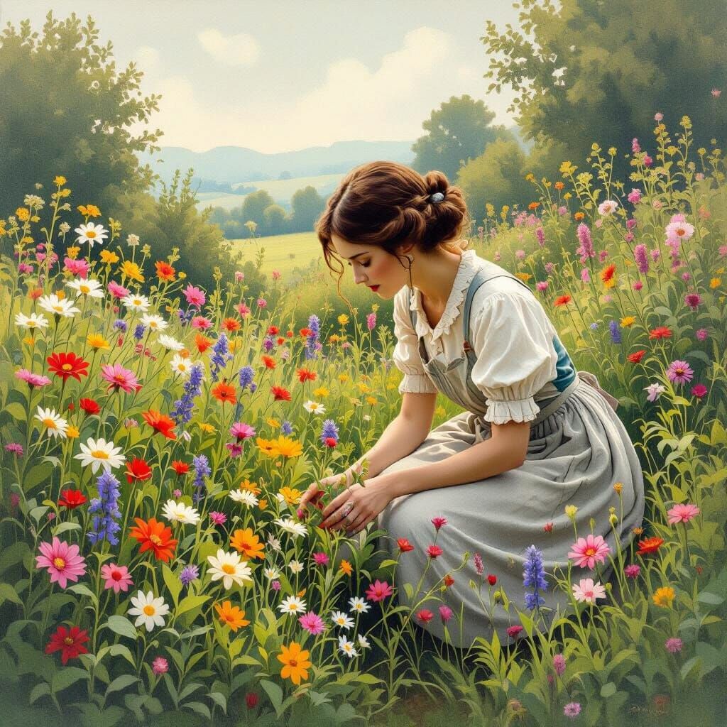 Woman in Overgrown Garden, Whimsical Illustration