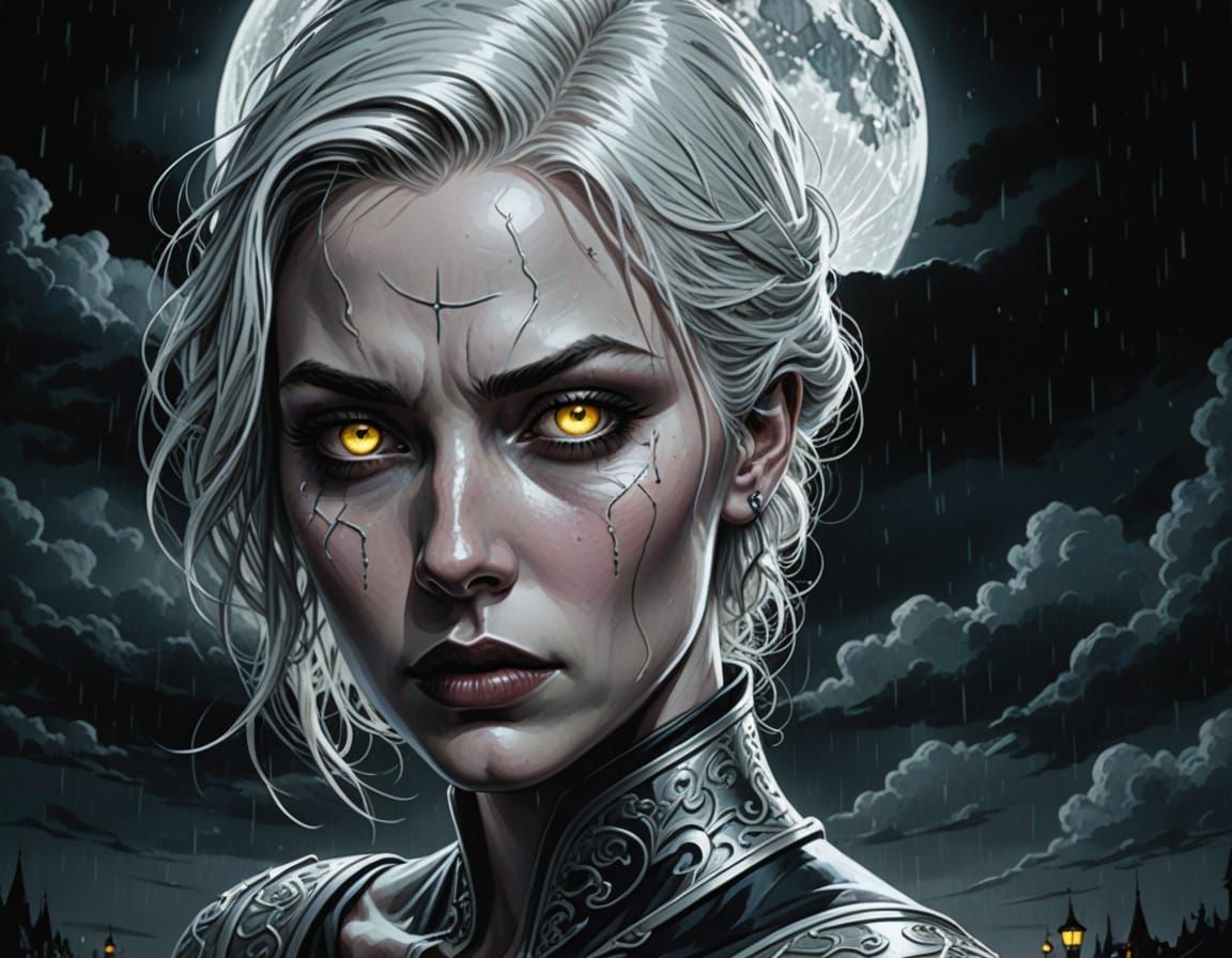 Gothic Woman in Rainy Night, Inspired by Comic Book Art