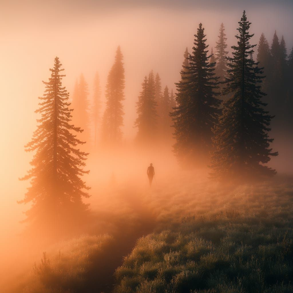 Golden Foggy Forest Traveler in Romantic Landscape Style