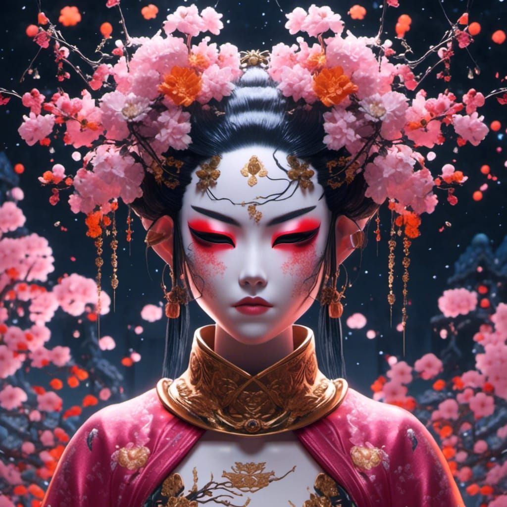 Goth Girl with Sakura Flowers and Hannya Mask