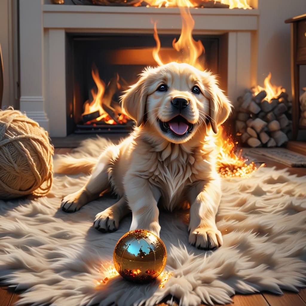 Fluffy Labrador Puppy Playing by Fire, Hyperrealistic Digita...