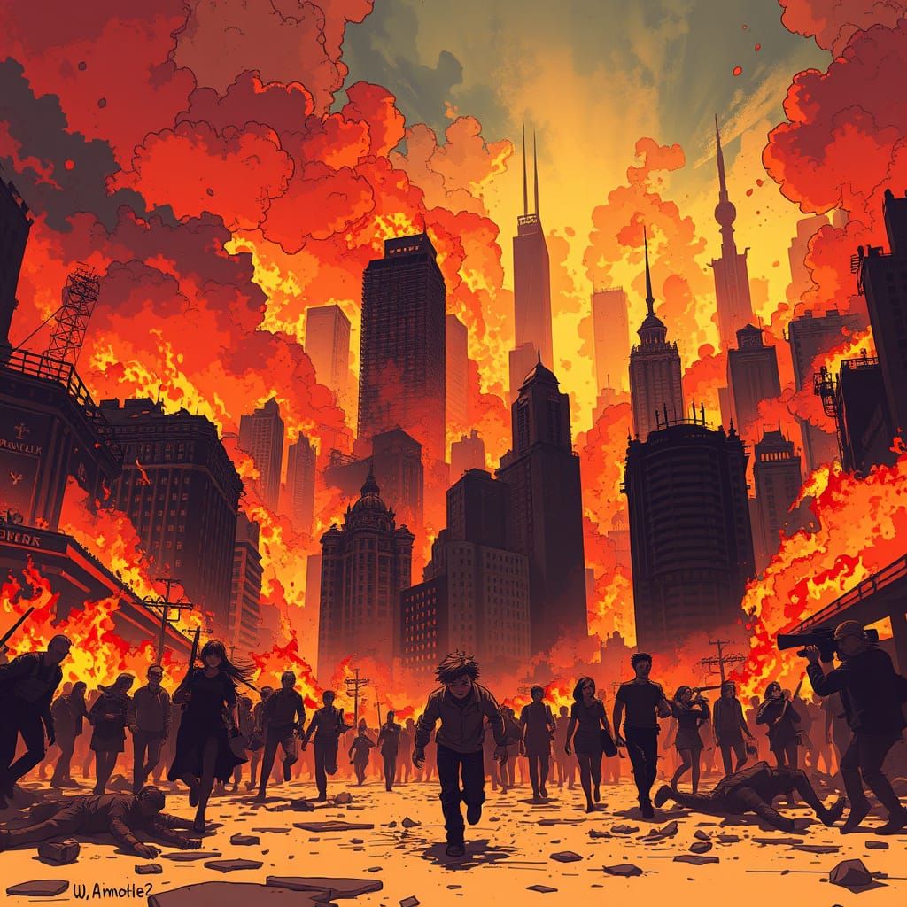 Desperate Civilians Flee Inferno in Apocalyptic Cityscape