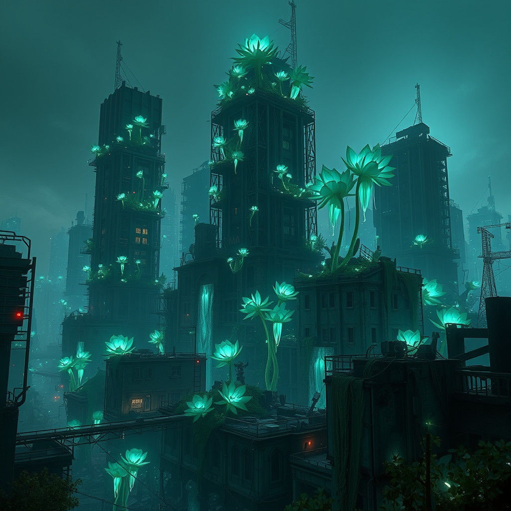 Bioluminescent Flora Overrun Post-Apocalyptic City