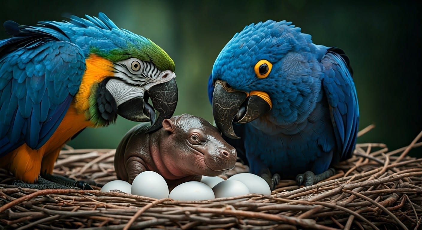 Dwarf Hippo Adopted by Macaw: Cinematic Still