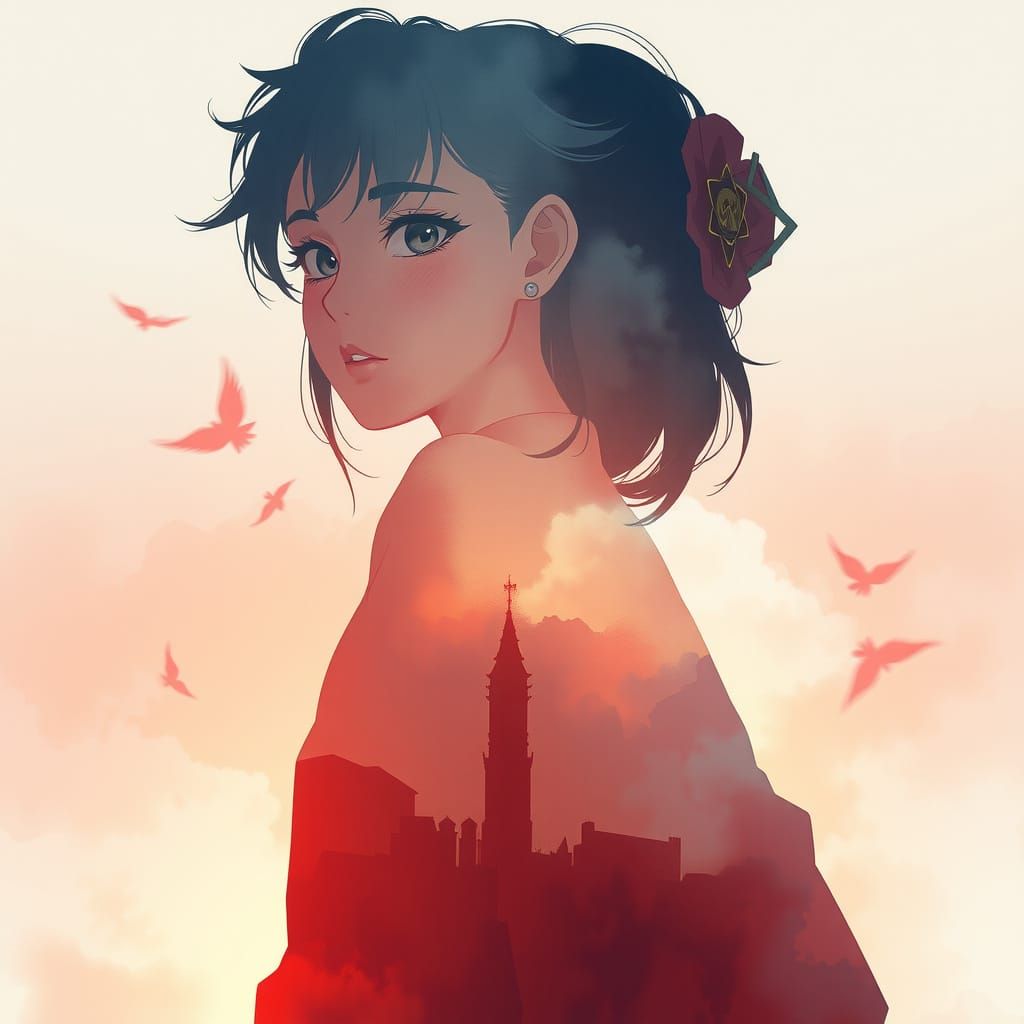 Ethereal Anime Woman Silhouette in Dreamy Watercolor Backgro...