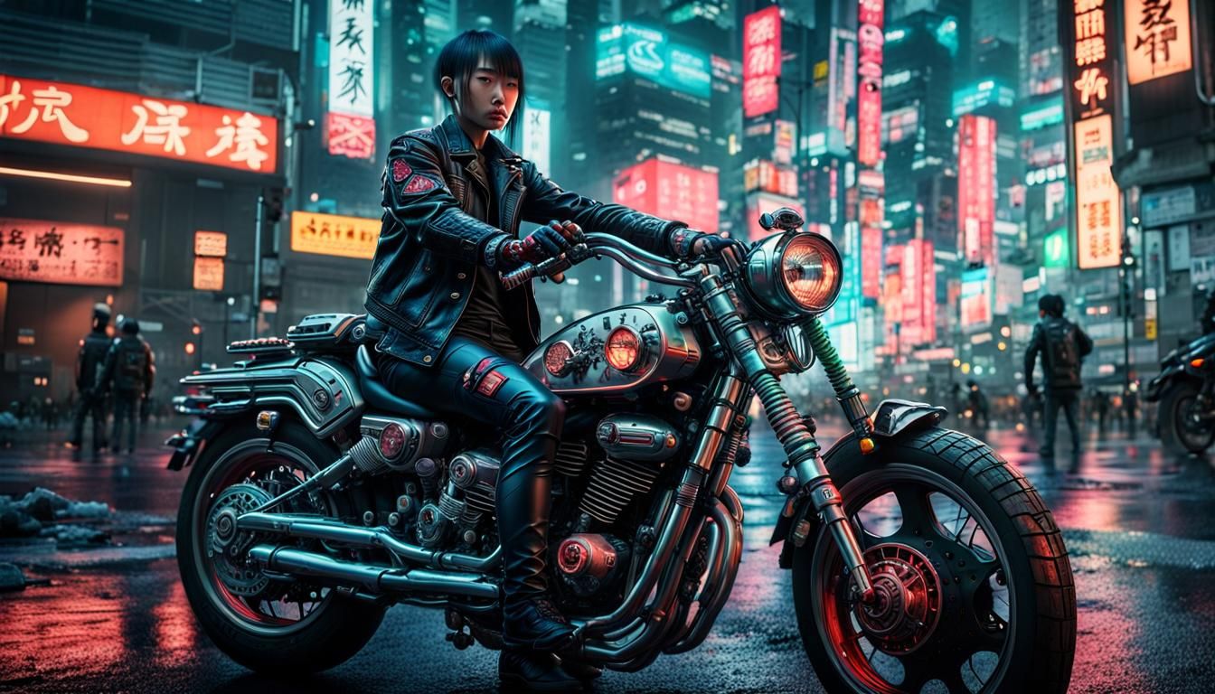 Dystopian Cyberpunk Biker in Neonpunk Style