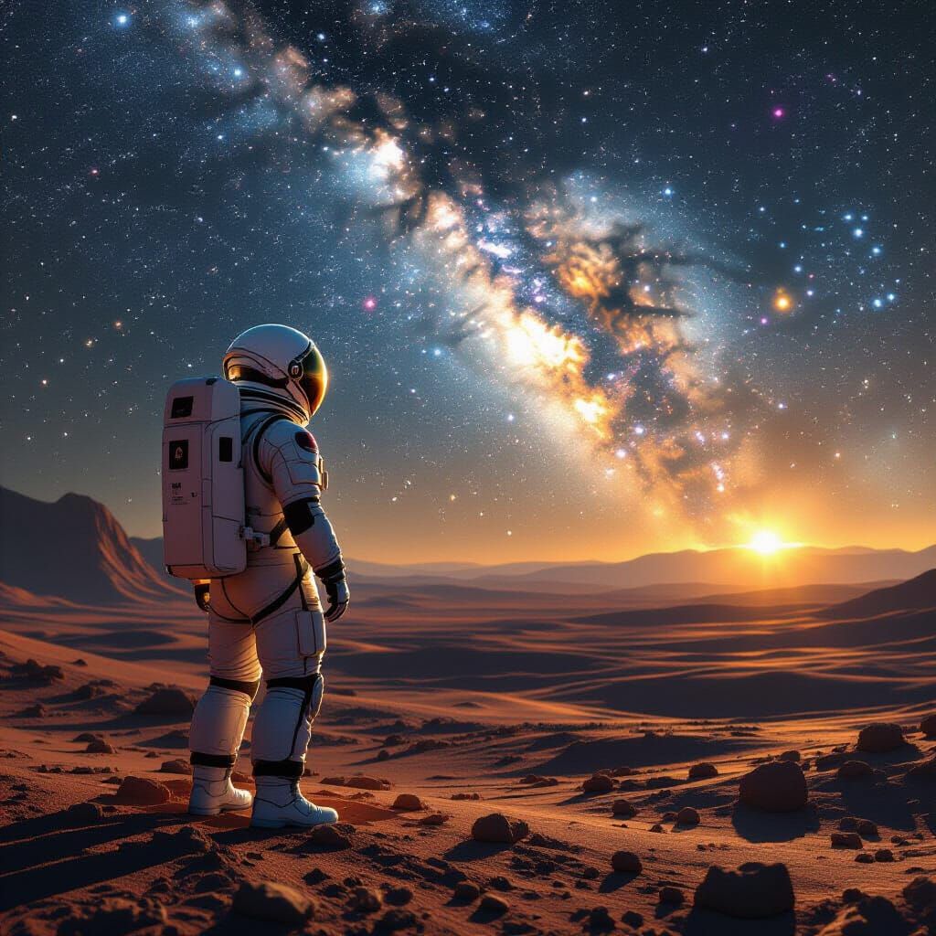 Astronaut Gazes at Nebula Sky on Alien Planet