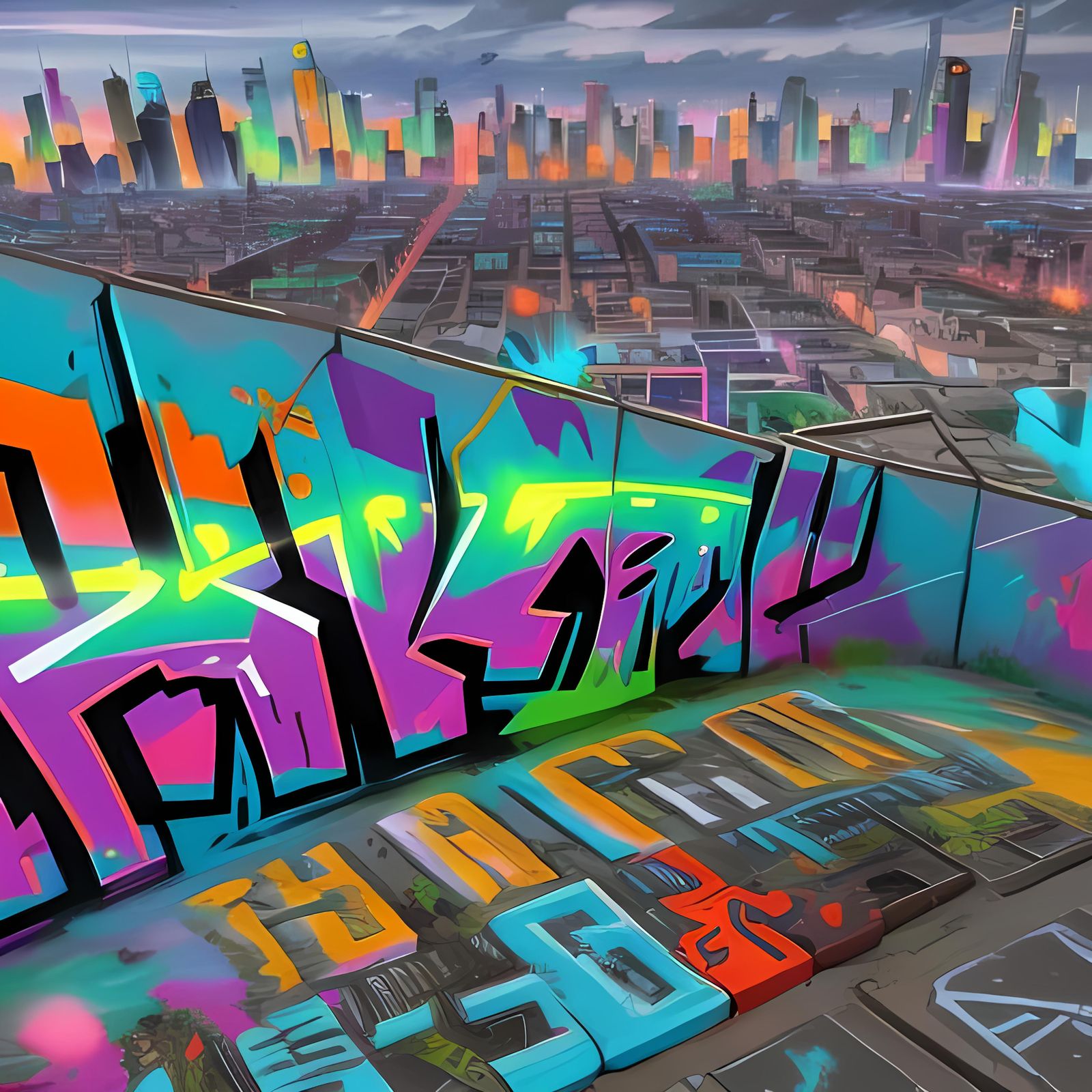 Fluorescent Gnome Flying Over City in Graffiti Style