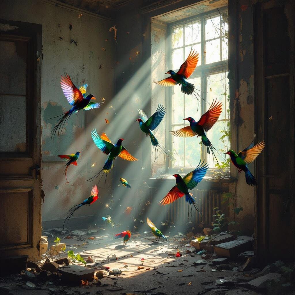 Vibrant Birds in Dusty Abandoned Room Hyperrealistic Digital...