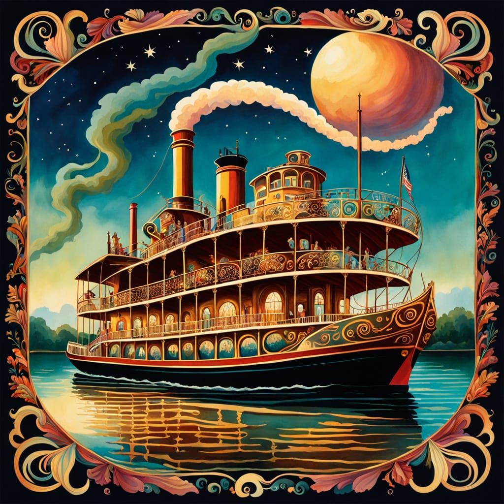 Dreamy Golden Age Steamer Chugs Along Whimsical Riverbanks