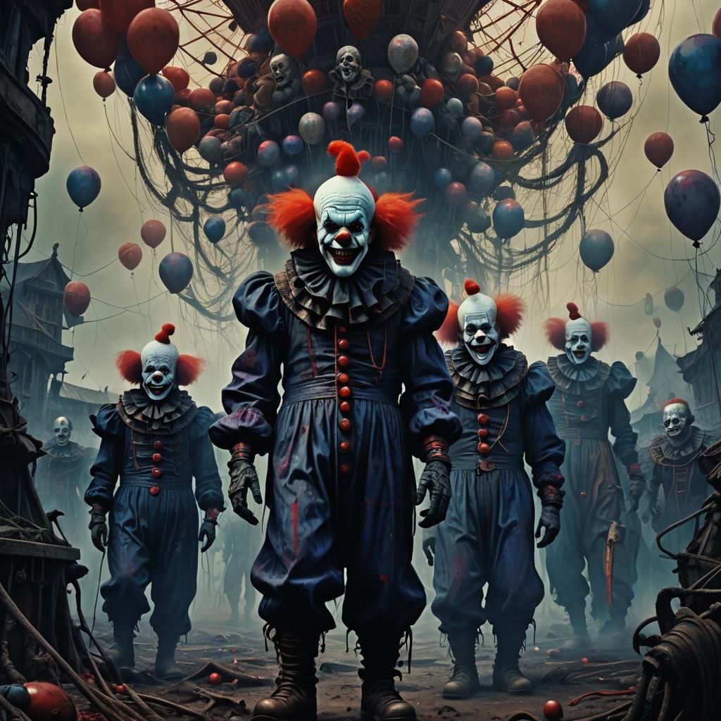 Creepy Clowns in Dystopian Surrealism Style