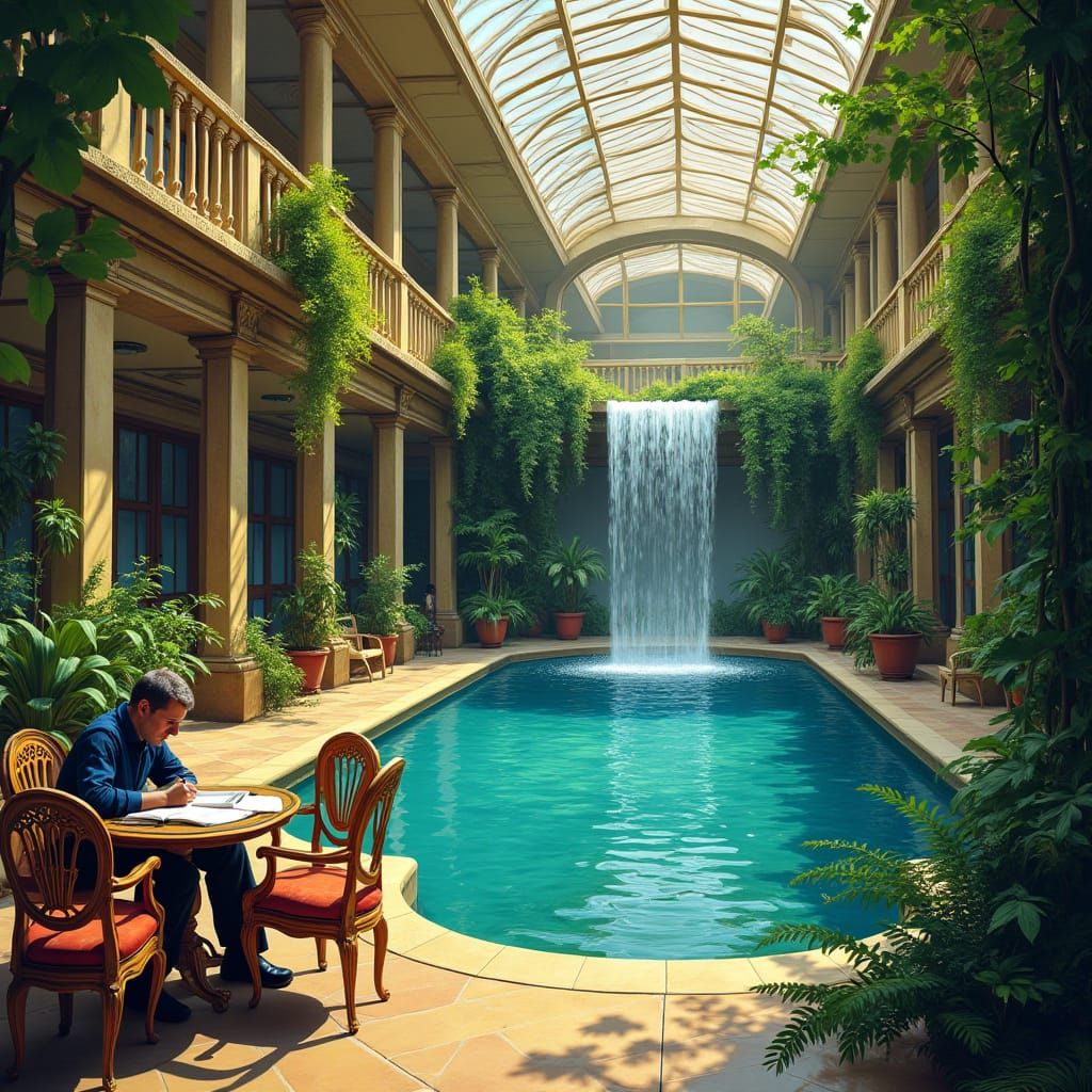 Opulent Indoor Water Garden With Man Writing