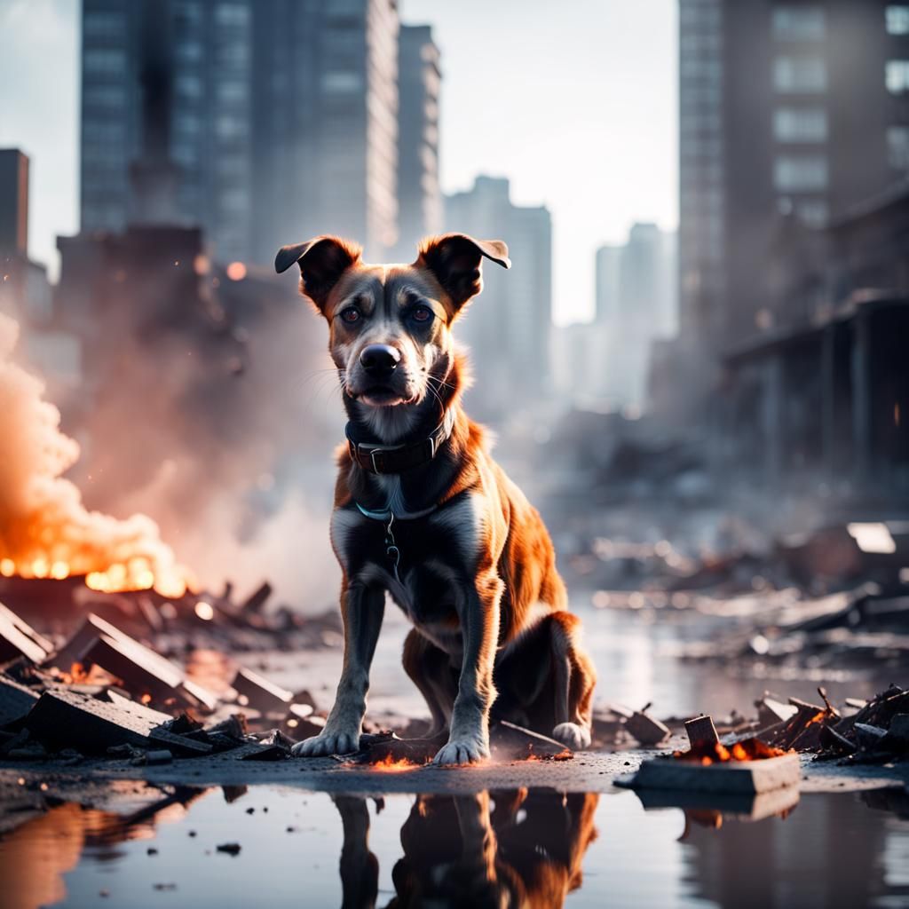 Dog Amidst City Destruction: Cinematic Film Still