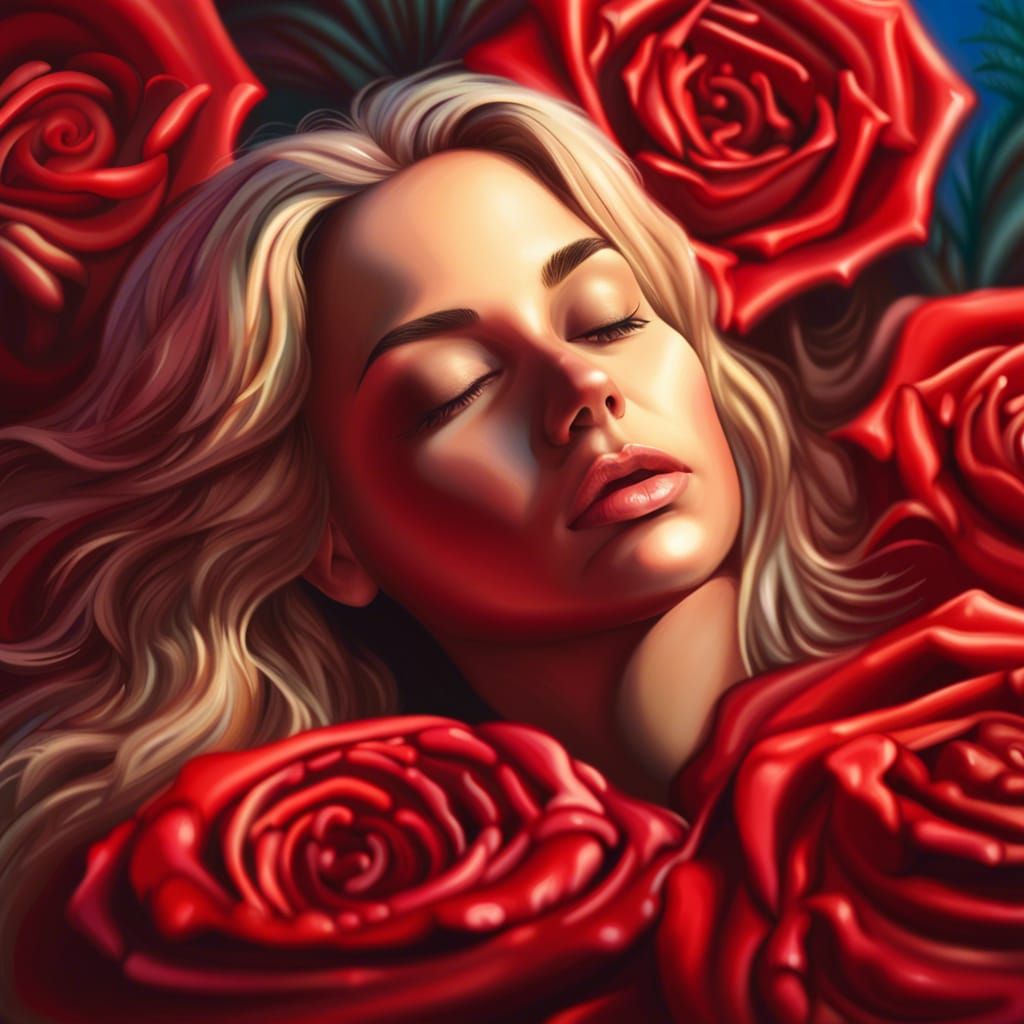 Blonde Woman on Giant Rose in Hyperrealistic Style