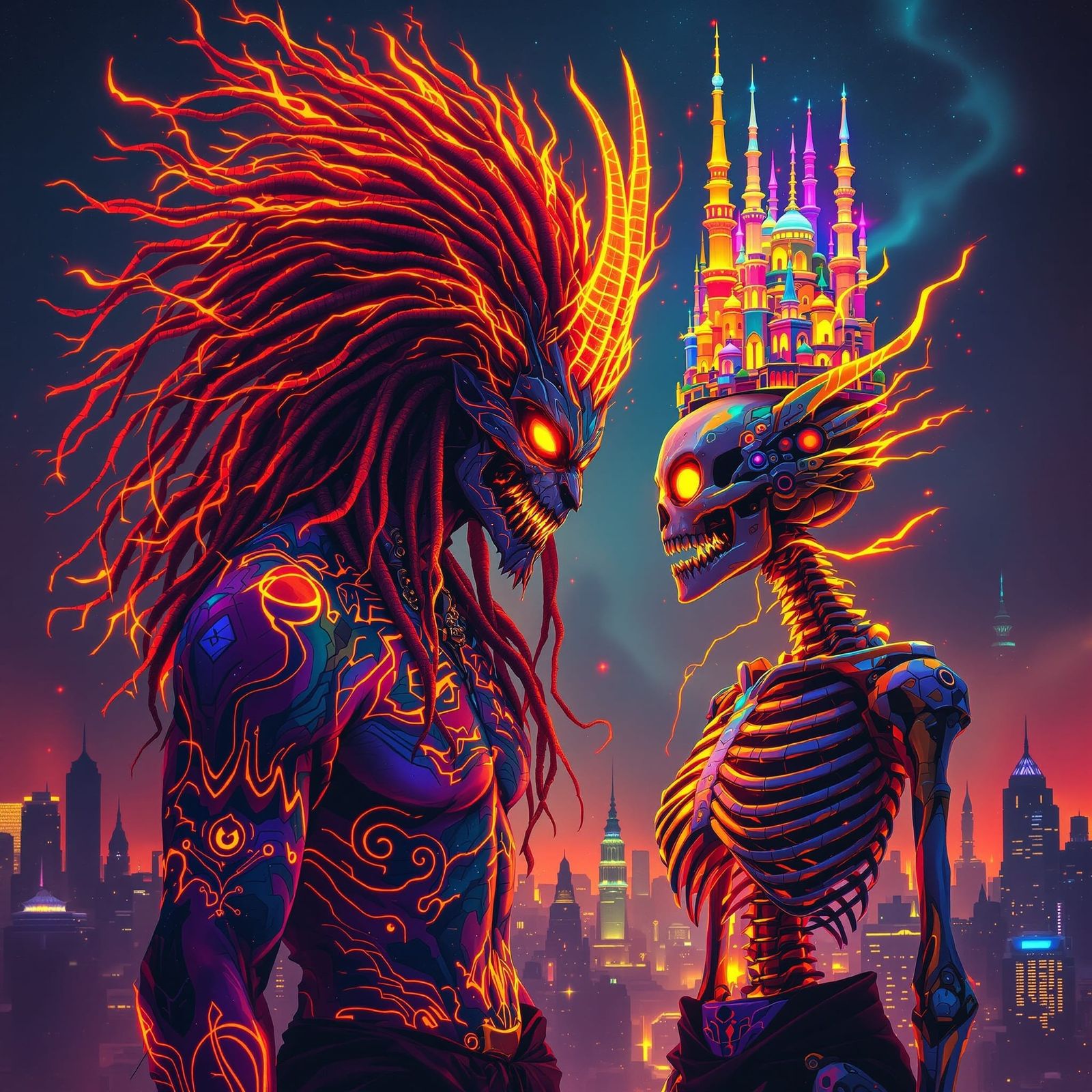 Psychedelic Anubis Confronts Cosmic Goddess in Metropolis
