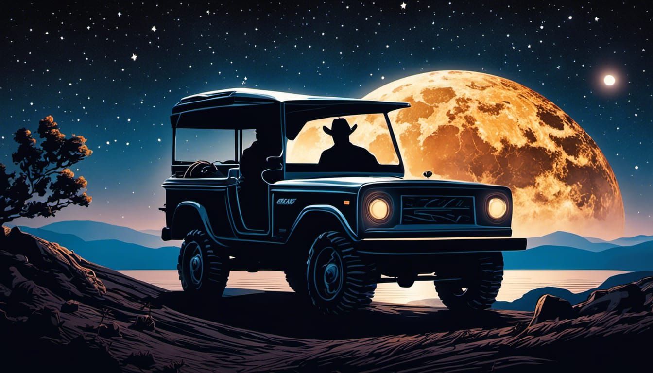 Cowboy Under Moonlit Starry Sky in Film Noir Style