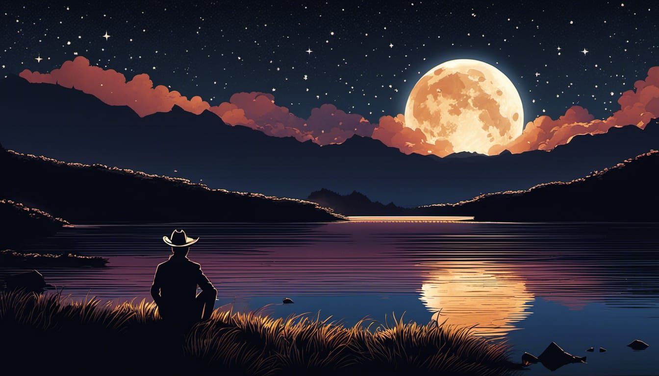 Cowboy Under Starry Galaxy in Film Noir Style