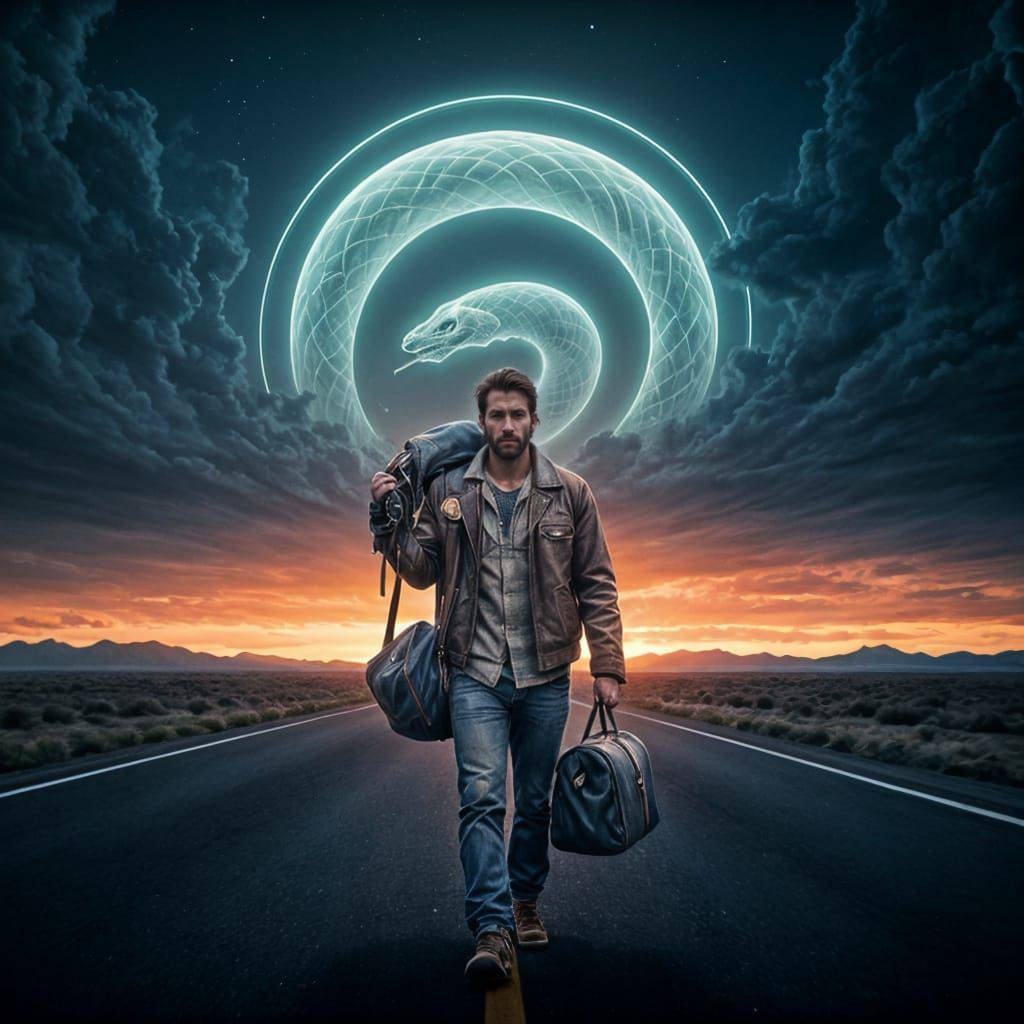 Lone Drifter Walks Empty Highway Under Snake Cloud