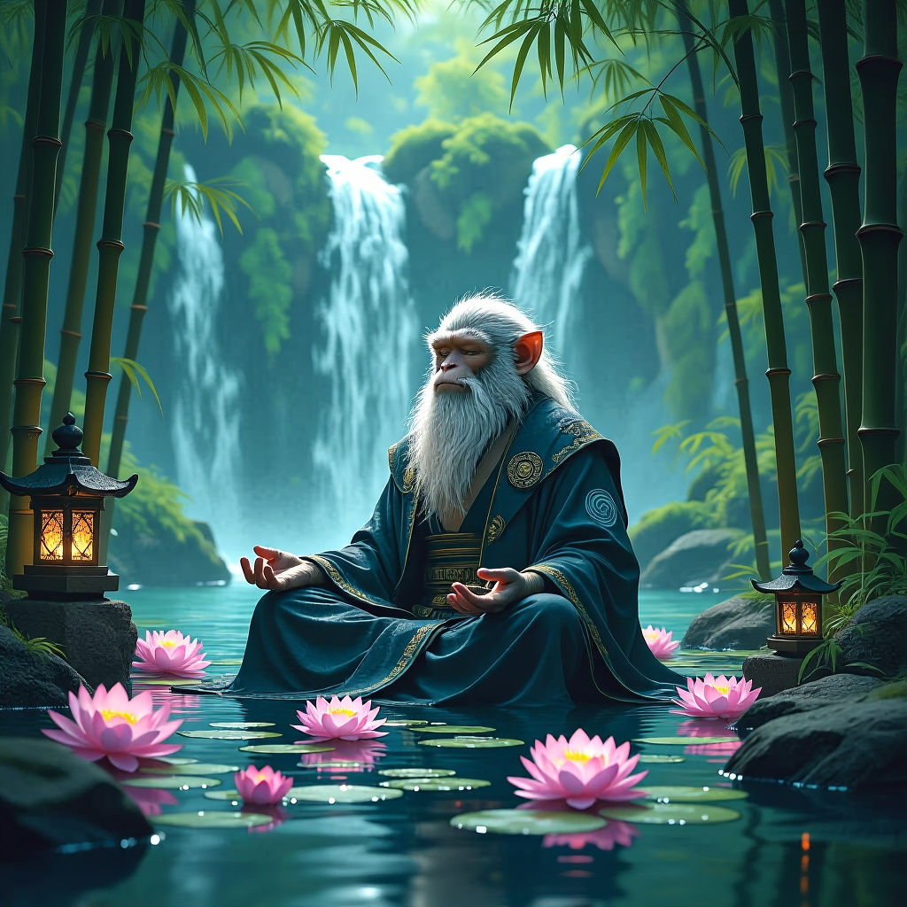 Monkey Sage Meditates in Dark Fantasy Style