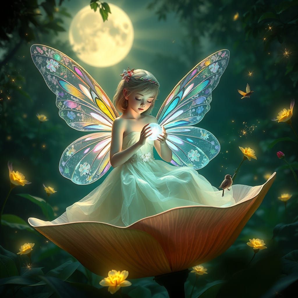Mystical Fairy Sits on a Giant Flower in an Enchanted Forest
