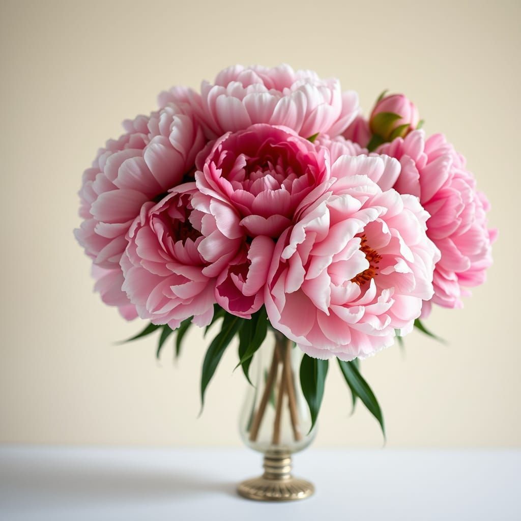 Velvety Peonies in Antique Vase, Soft Focus, 35mm Film Aesth...