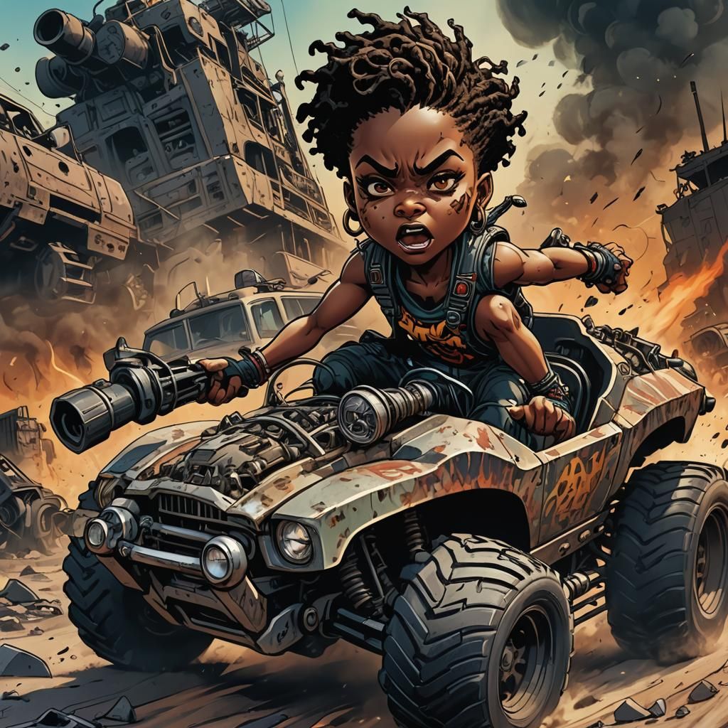 Chibi Woman Races Hot Rod Tank in Apocalyptic Wasteland
