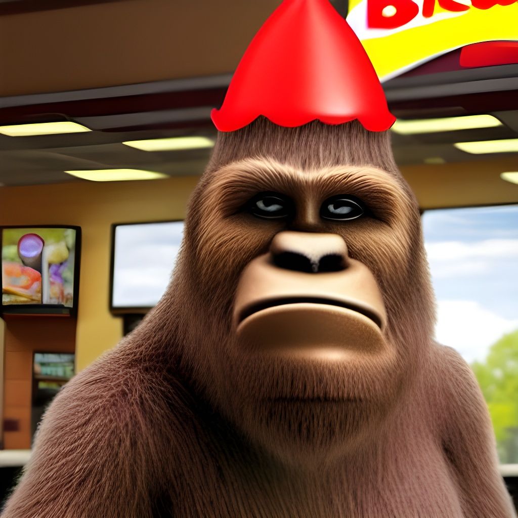 Bigfoot at Burger King Wearing a Silly Hat