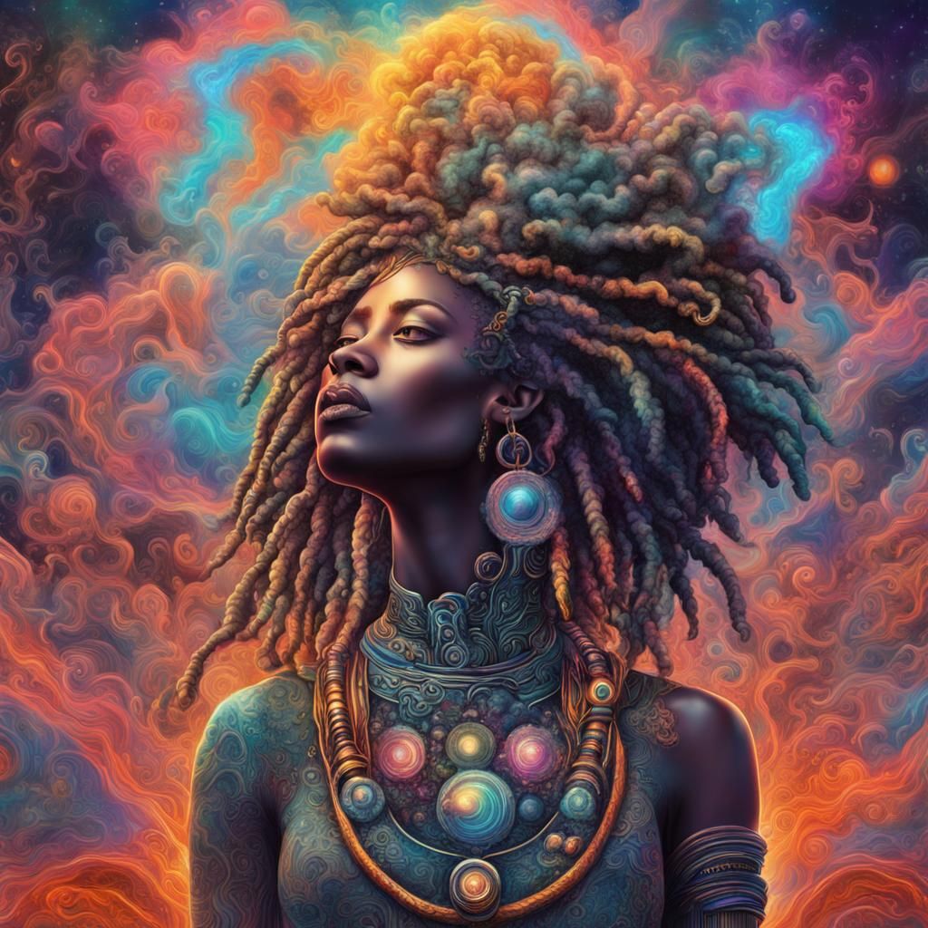 Afrofuturistic Cloud Goddess in Astral Illustration