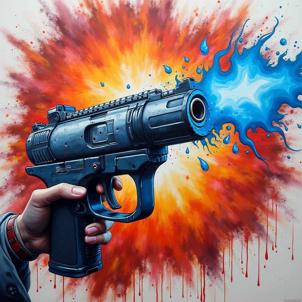 Gun with Blue Flames in Graffiti Art Style