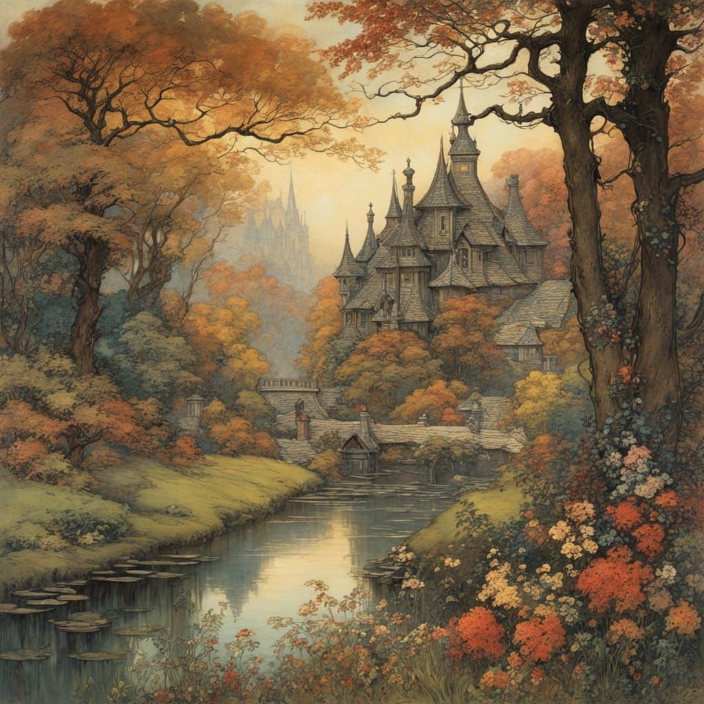 Ethereal Landscape Illustration in Arthur Rackham Style