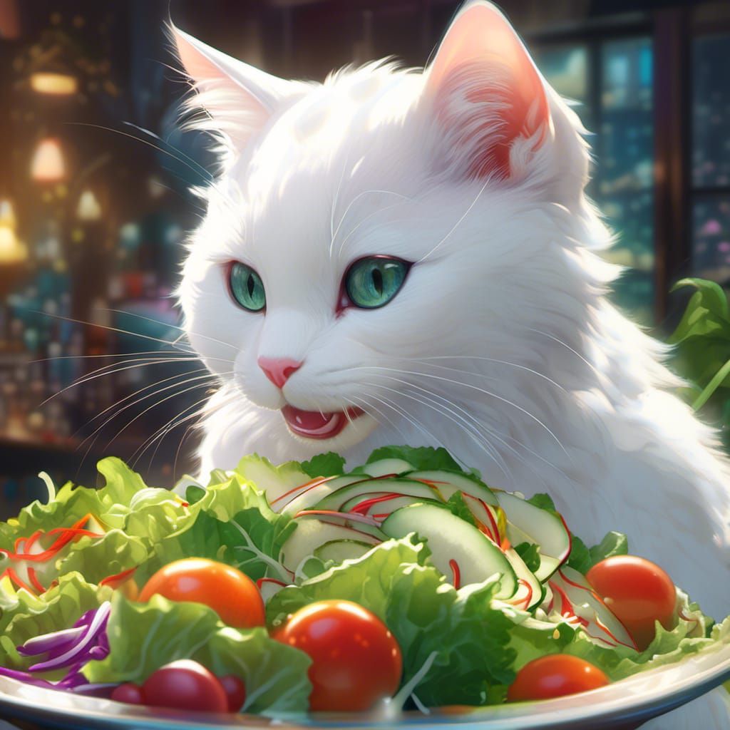 Funny White Cat Eating Salad, Anime Style