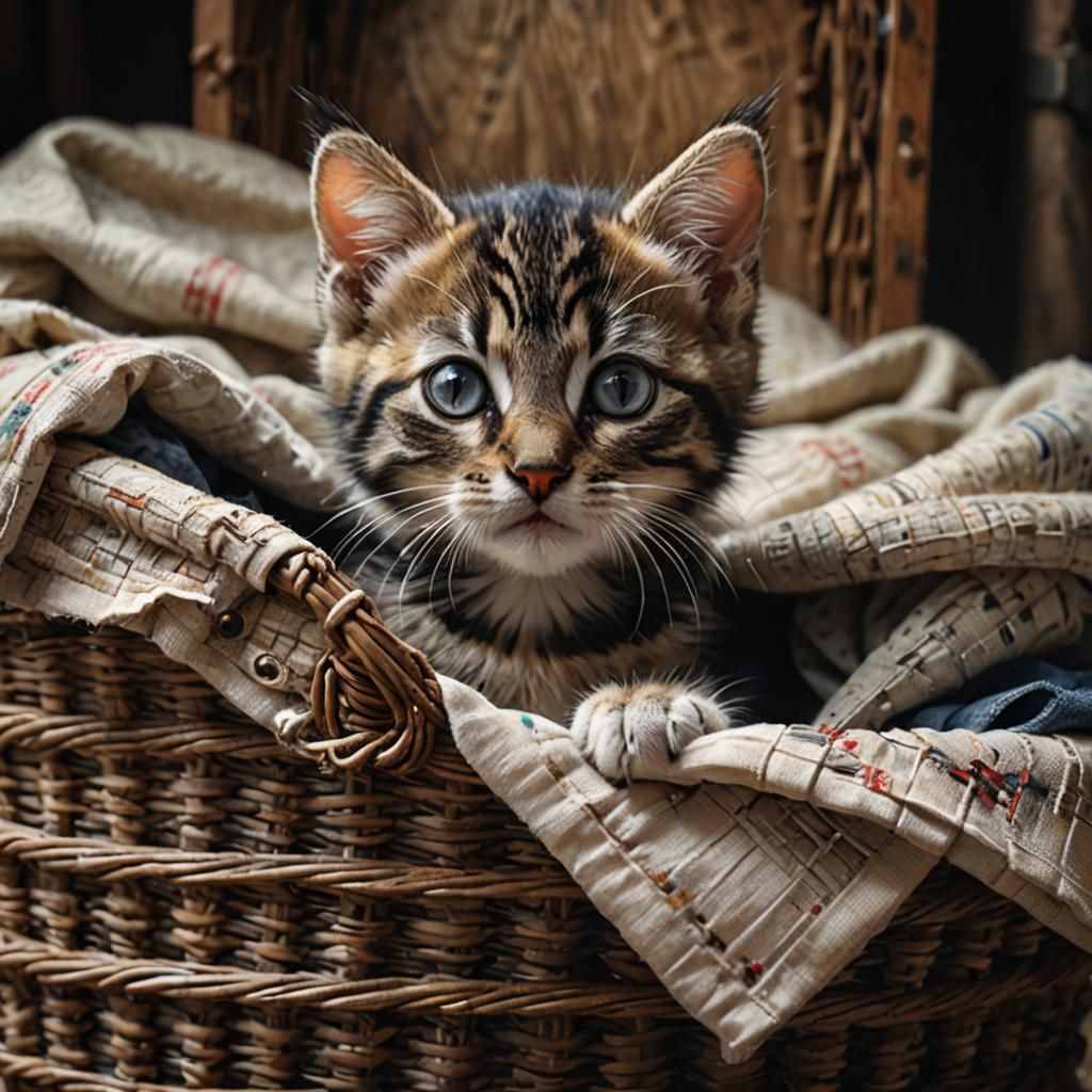 Cute Kitten Hiding in Clothes Basket