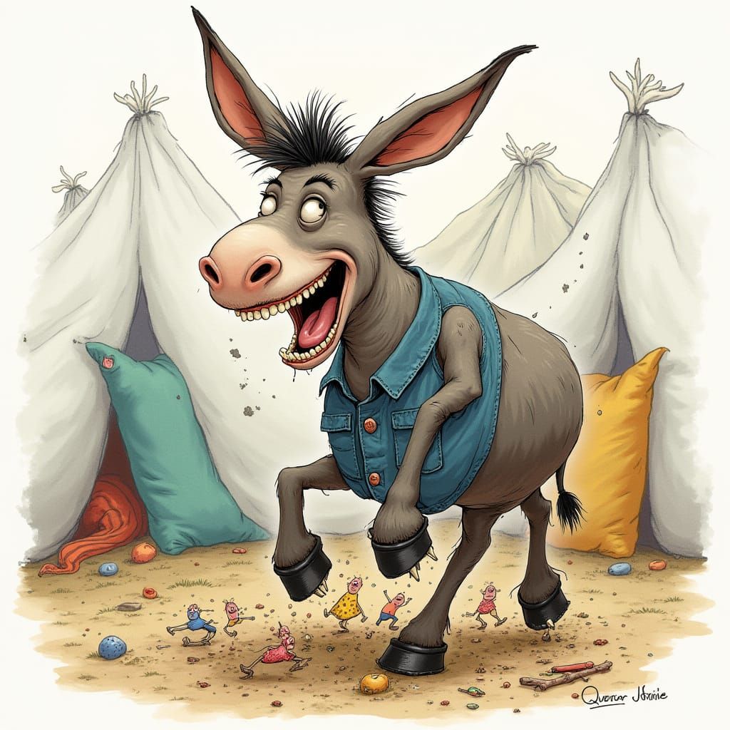 Goofy Donkey's Pillow Fort Rampage: Whimsical Illustration