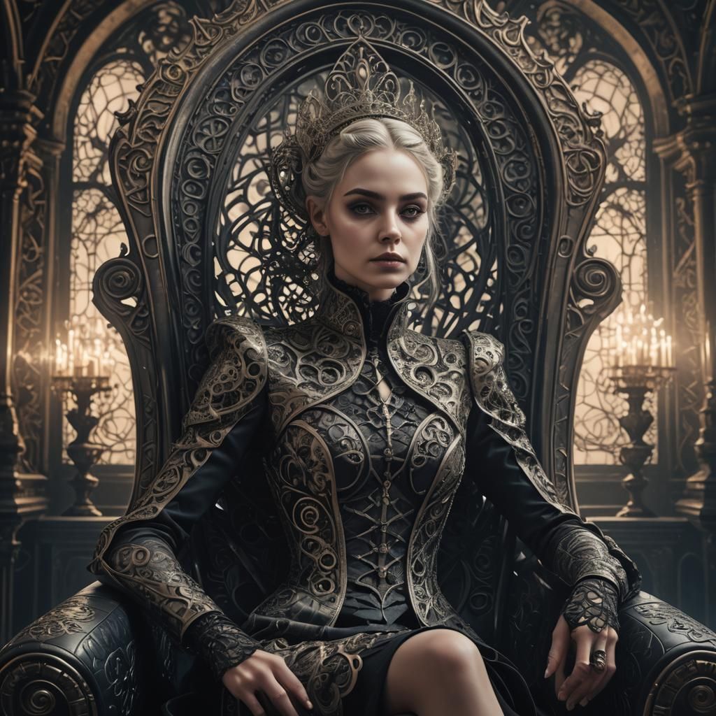 Mujer gótica futurista sentada en una silla barroca en su ca...