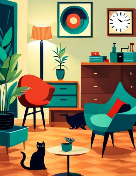 Mid-Century Modern Interior with Black Cat